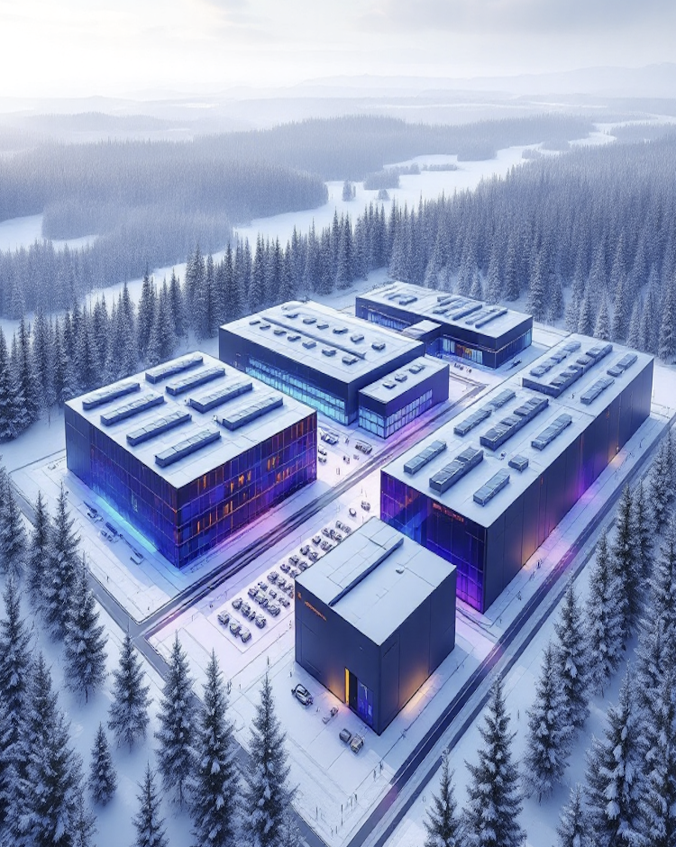 Aerial view of the Karjaa data centre campus in snowy Finnish forest
