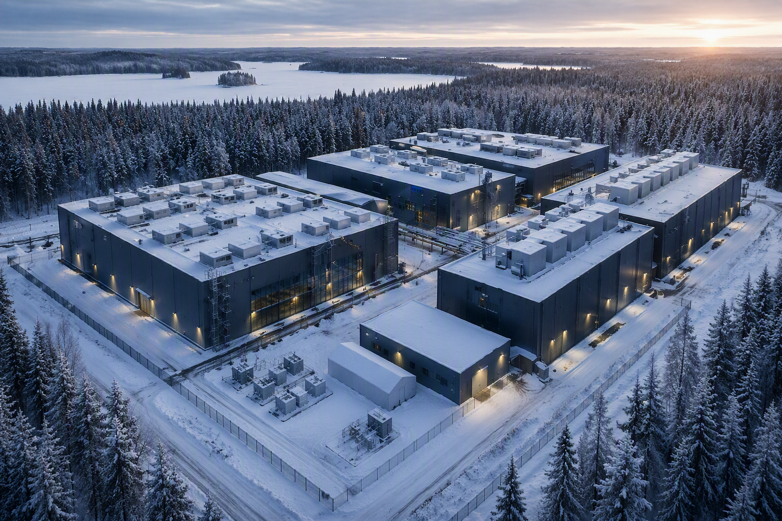 Aerial view of the CoreSpan data-centre campus in a snowy Finnish forest at Karjaa