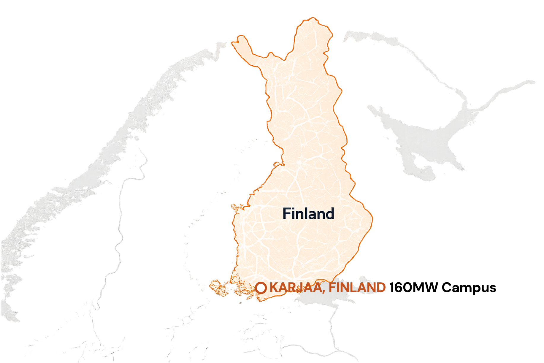 Map of Finland highlighting the Karjaa 160MW campus location in the south of the country