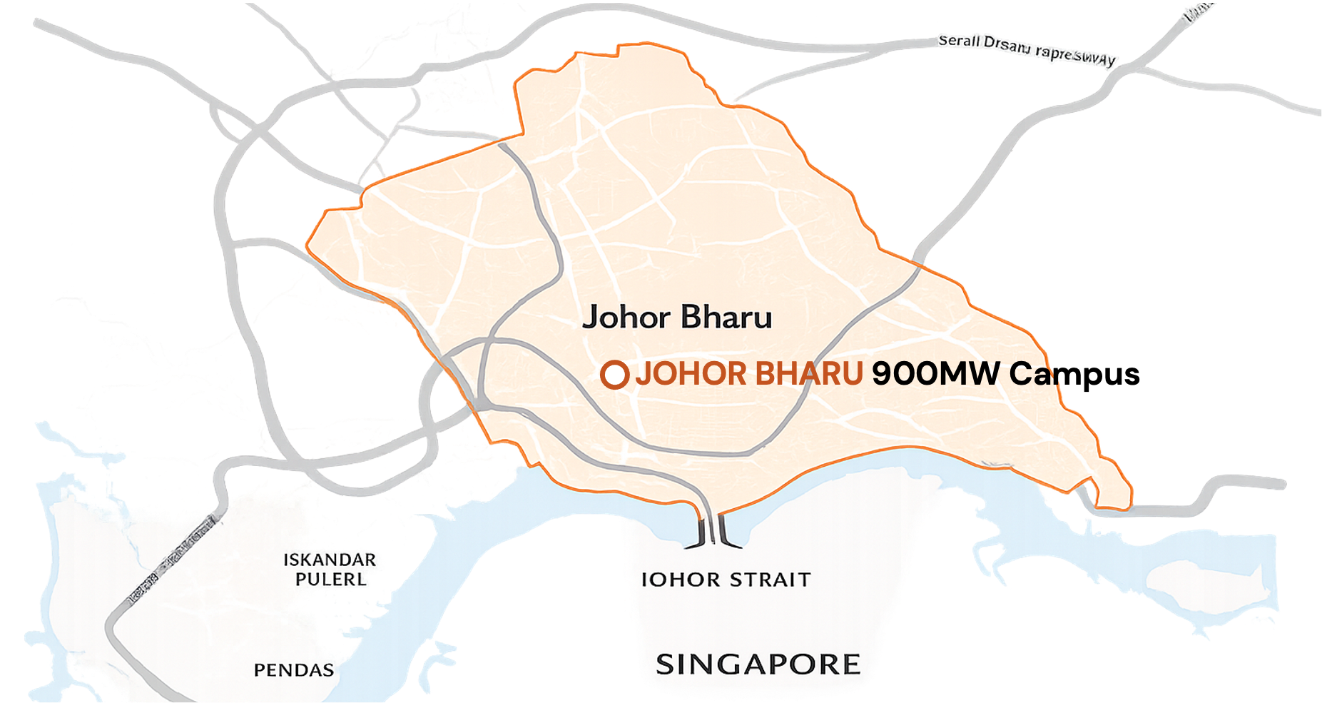 Map of the Johor Bharu region showing the 900MW campus area, Iskandar Puteri, Johor Strait, and Singapore