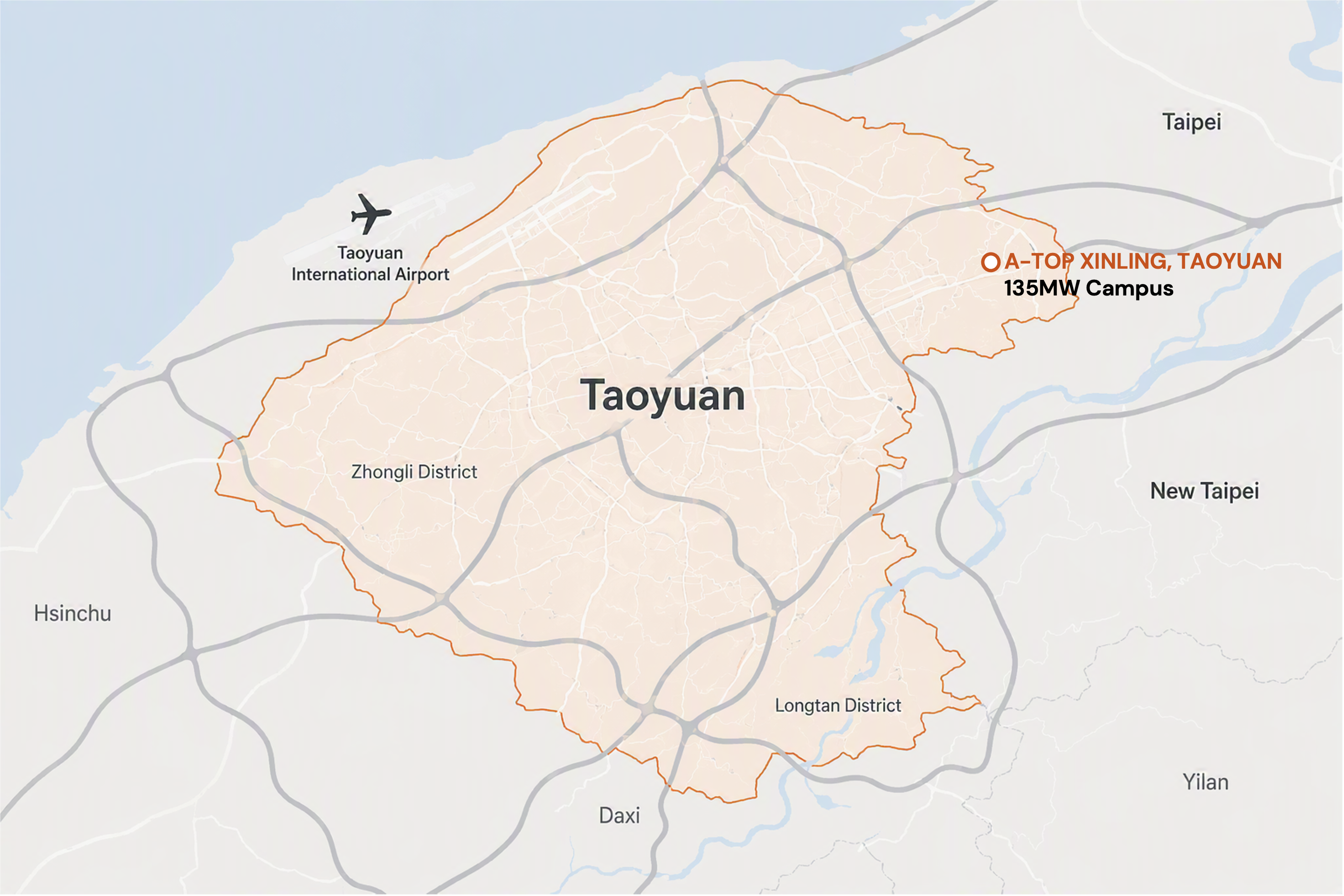 Map of Taoyuan City showing the A-TOP Xinling 135MW campus location, surrounding districts, and Taoyuan International Airport