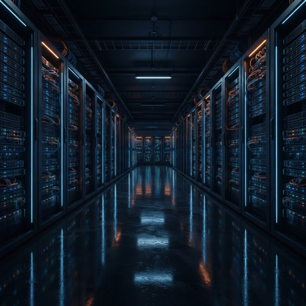 Data centre cold aisle with rows of managed servers