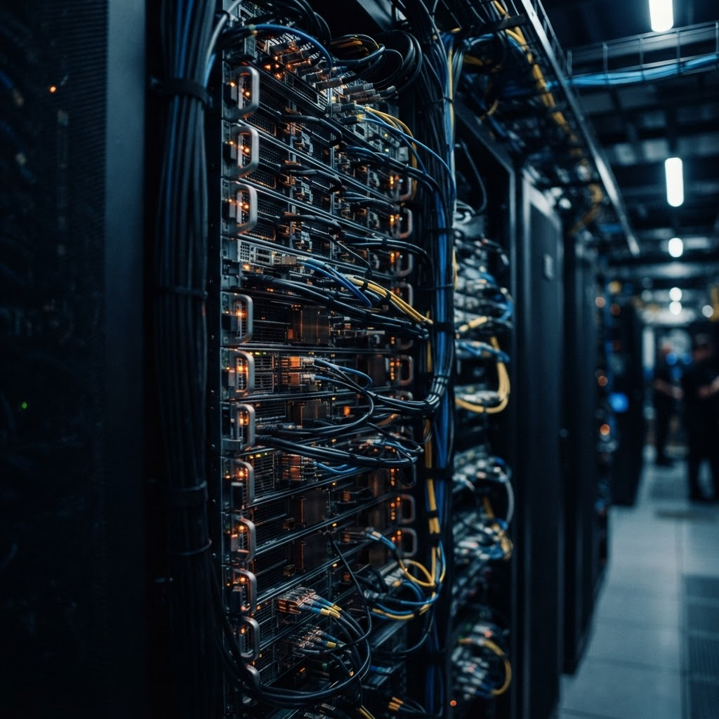 Data centre GPU rack filled with racked Blackwell servers