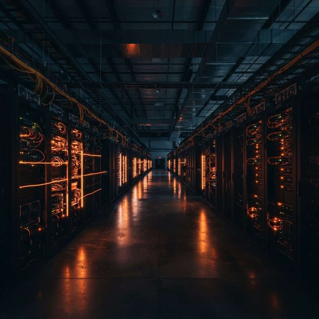 AI inference data centre hall with rows of glowing servers