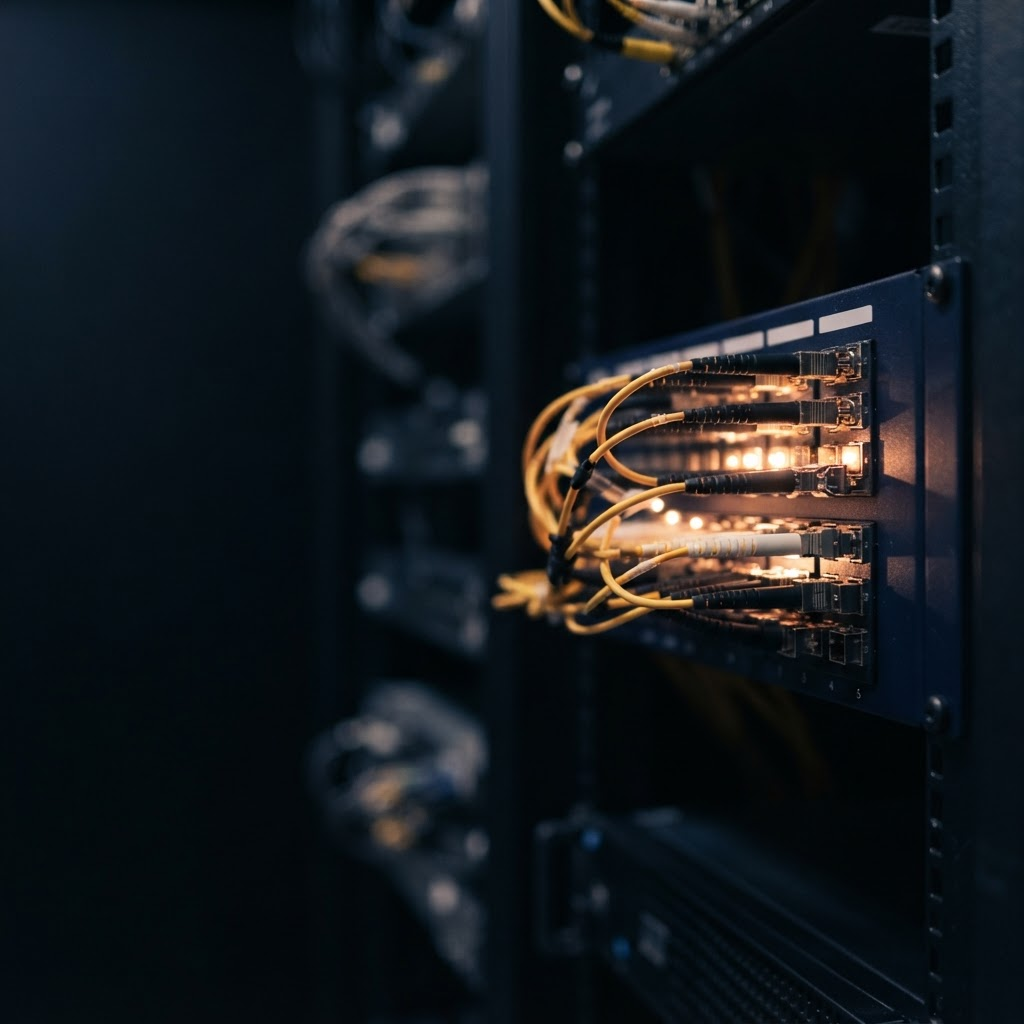 Fiber optic connectors glowing in amber light against a dark server panel